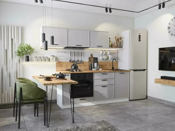 Готовый кухонный гарнитур кухня 2,3 м. без столешницы Фрейм-01 Grey Silk, Белый 230х178х60 см